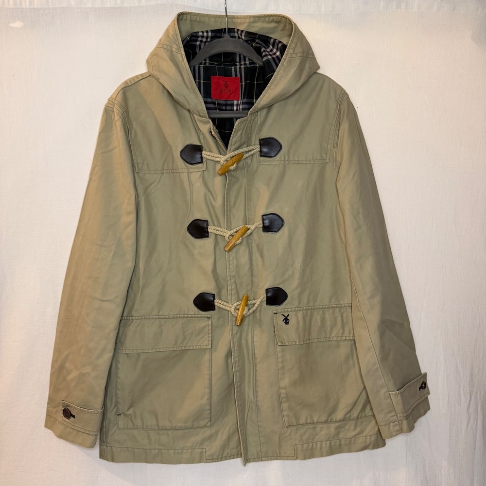 Noton British Classic Mens Khaki Duffle Coat Hooded Plaid Lined Toggle Jacket L